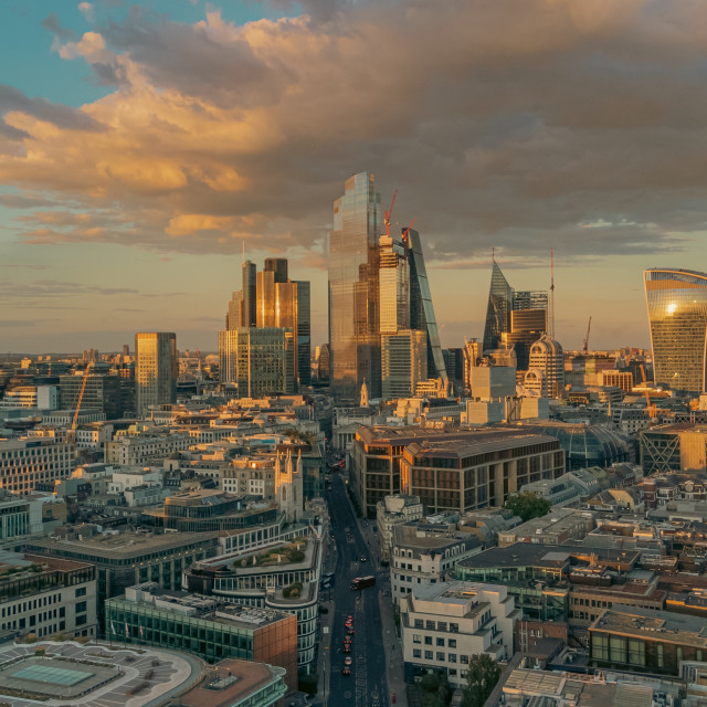 "Bank City of London Summer Evening Drone Shot" stock image