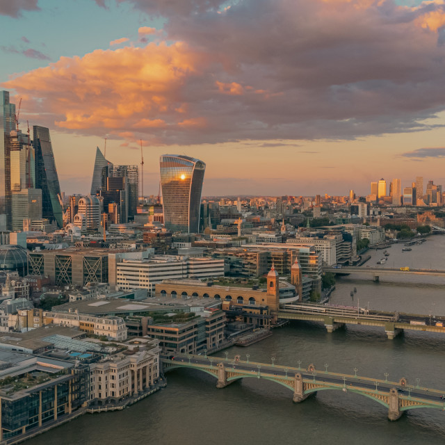 "Drone Shot of River Thames & City of London Sunset" stock image