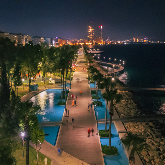 "Molos Limassol at Night Drone" stock image