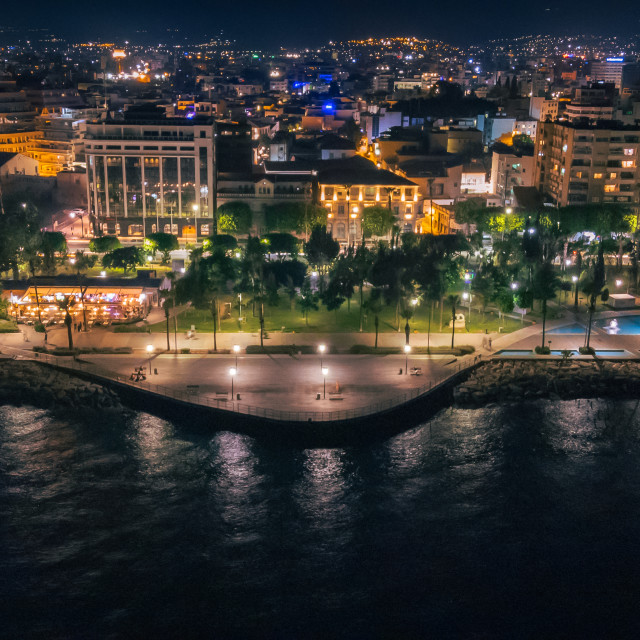 "Molos Limassol at Night Drone Shot" stock image