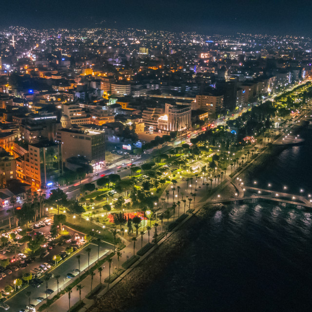 "Molos Limassol at Night Drone" stock image