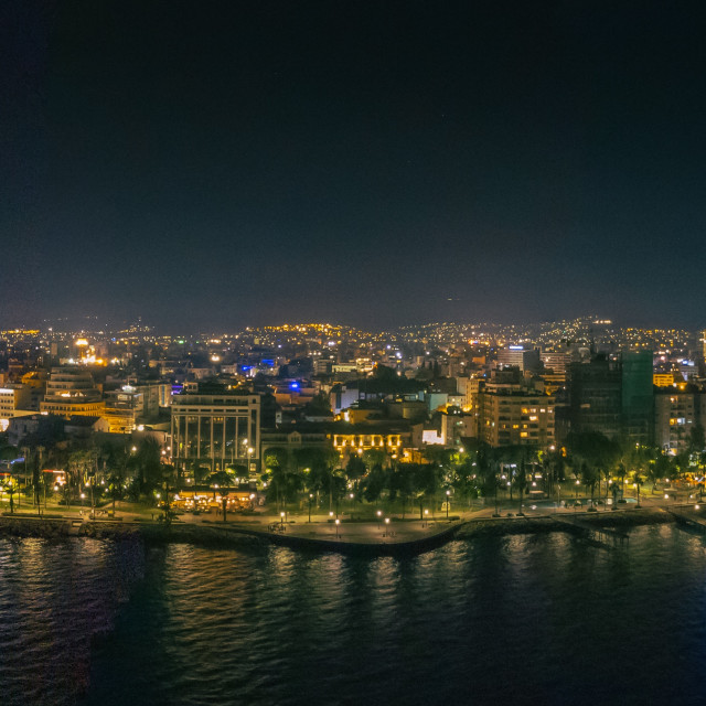 "Limassol at Night Drone Panorama" stock image