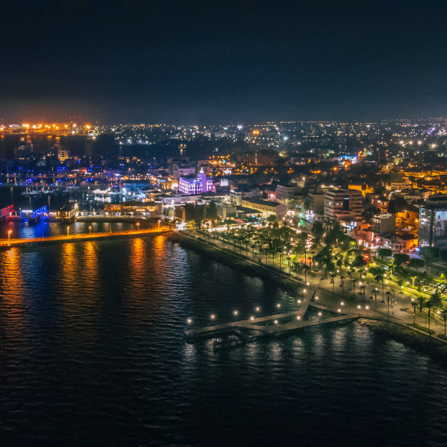 "Limassol, Cyprus at Night Drone" stock image