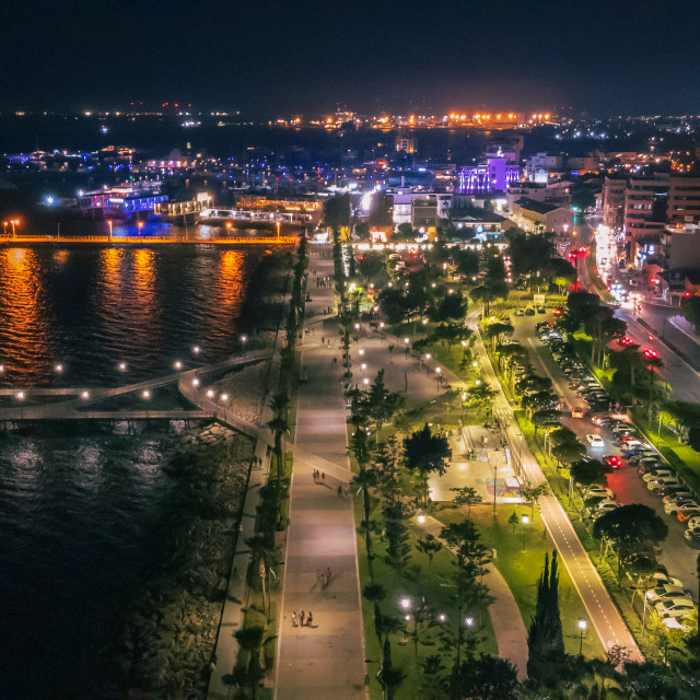 "Molos Limassol at Night Drone" stock image