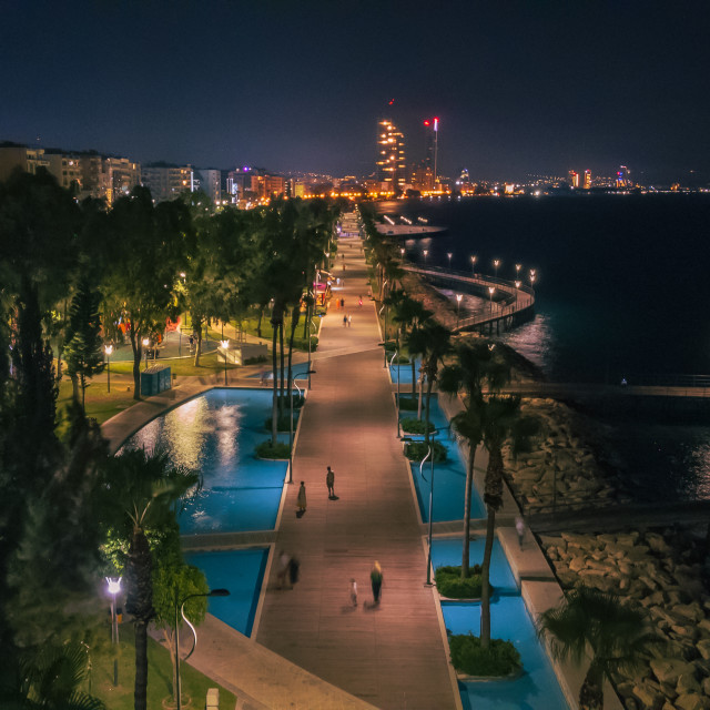 "Molos Limassol at Night Drone" stock image