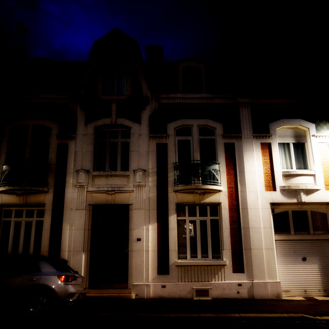 "St. Quentin - street at Night" stock image