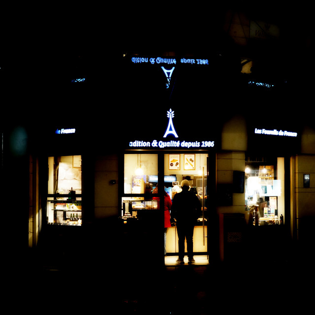 "chocolate store at night" by Amit Mendelsohn - $59.73 "chocolate store at night" stock image