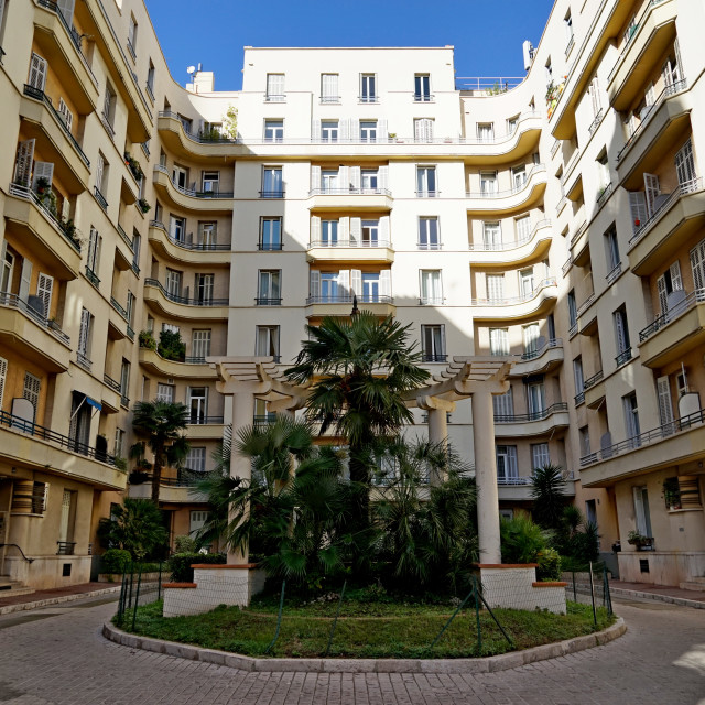 "A yard of an art deco building" stock image