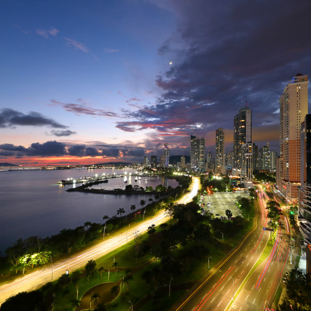 "Sunset avenida Balboa y cinta costera" by Panamarketphoto - $124.65 "Sunset avenida Balboa y cinta costera" stock image