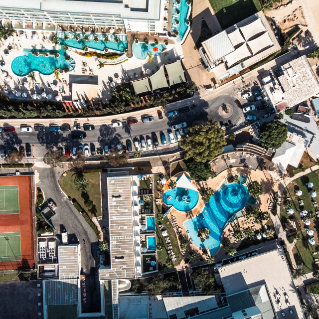 "Asterias Beach Hotel and Dome Beach Hotel Birds Eye View" stock image