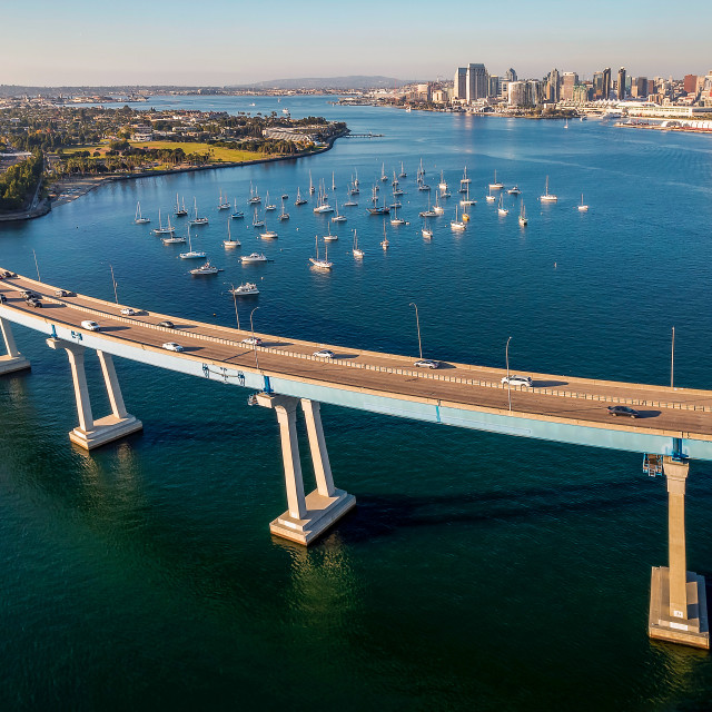 "Aerial view of Coronado Bridge in San Diego bay in southern Cali" stock image