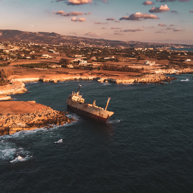 "Edro III Shipwreck, Cyprus Sunset Drone" stock image