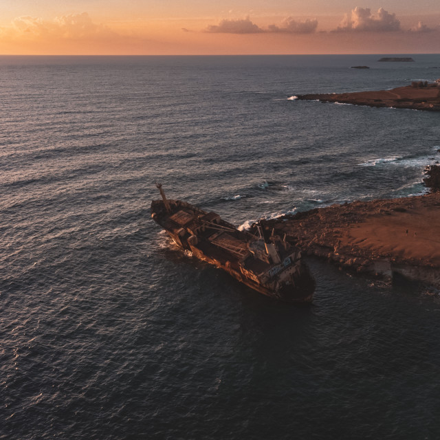 "Edro III Shipwreck, Cyprus Sunset Drone" stock image