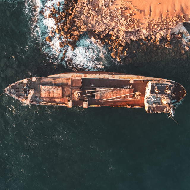 "Edro III Shipwreck, Cyprus Sunset Birds Eye View" stock image