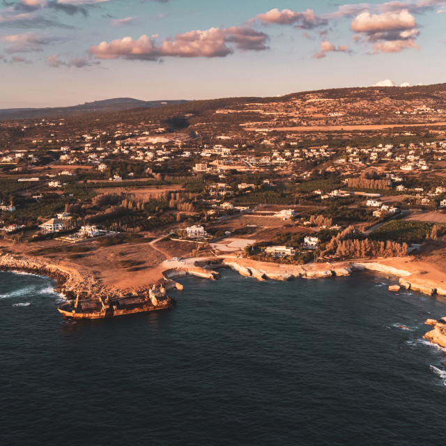 "Edro III Shipwreck, Cyprus Sunset Drone" stock image