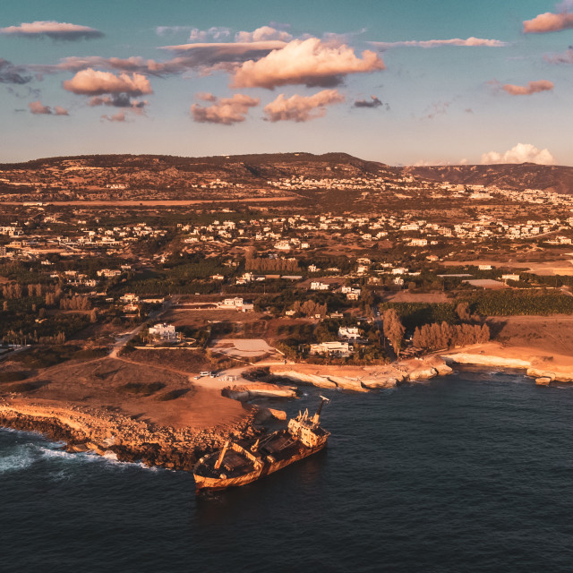 "Edro III Shipwreck, Cyprus Sunset Drone" stock image