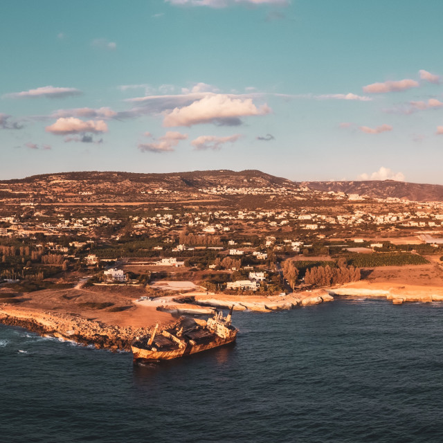 "Edro III Shipwreck, Cyprus Sunset Panorama" stock image