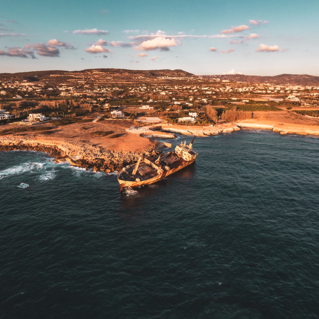 "Edro III Shipwreck, Cyprus Sunset Panorama" stock image