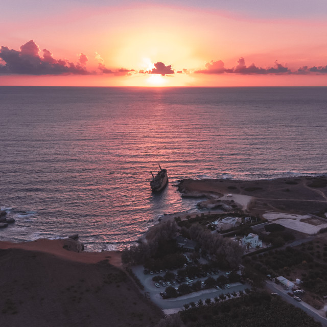 "Edro III Shipwreck, Cyprus Sunset Drone" stock image