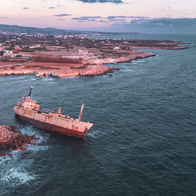 "Edro III Shipwreck, Cyprus Twilight Drone" stock image