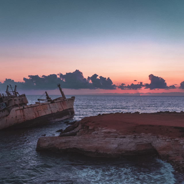 "Edro III Shipwreck, Cyprus Twilight Drone" stock image