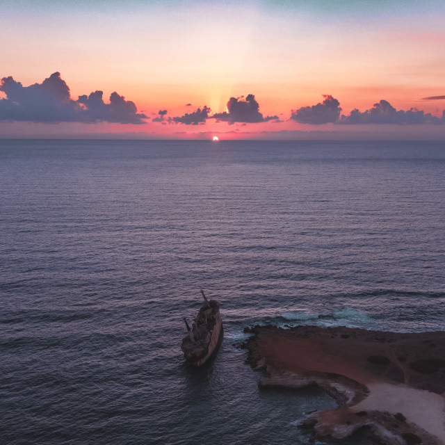 "Edro III Shipwreck, Cyprus Sundown Drone" stock image