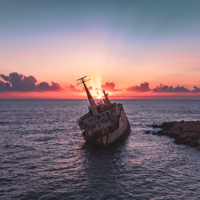 "Edro III Shipwreck, Cyprus Sunset Drone" stock image