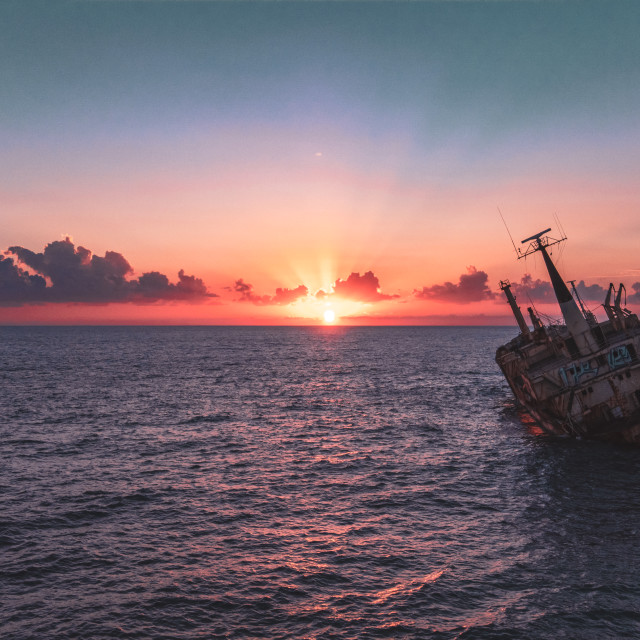 "Edro III Shipwreck Pegeia, Cyprus at Sunset" stock image