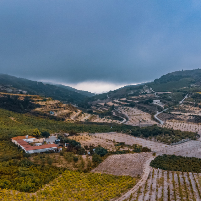 "Omodos Scenic Vineyard Road Drone View Cloudy" stock image