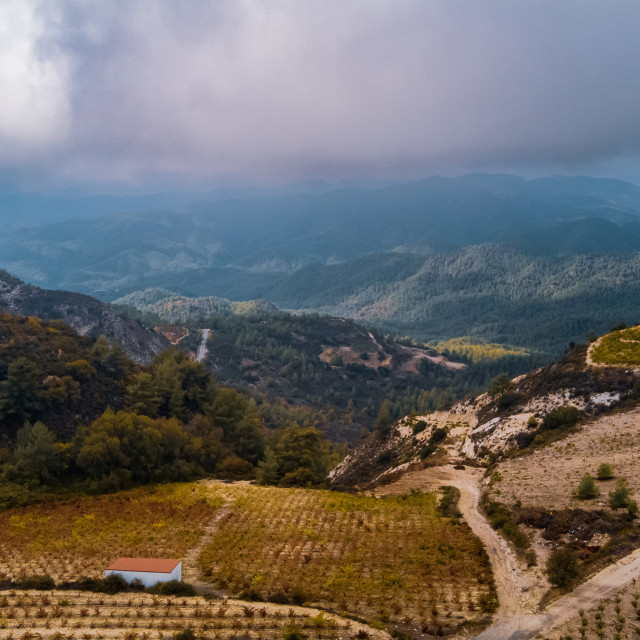 "Omodos Scenic Vineyard Road Drone View Cloudy" stock image