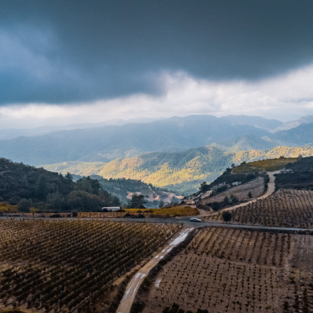 "Omodos Scenic Vineyard Road Drone View Cloudy" stock image