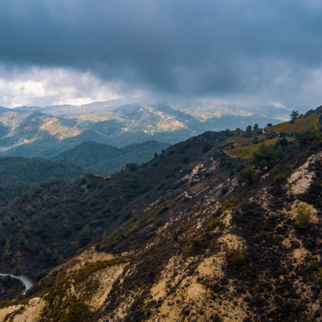 "Omodos Scenic Vineyard Road Drone View Cloudy" stock image