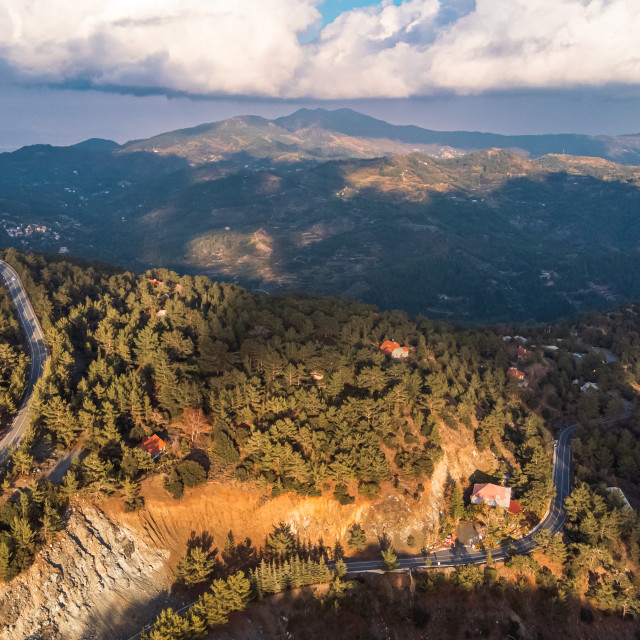 "Road to Troodos Botanical Garden Drone View" stock image