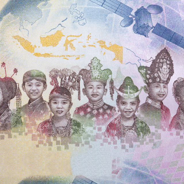 "Children in various traditional Indonesian costumes from money" stock image