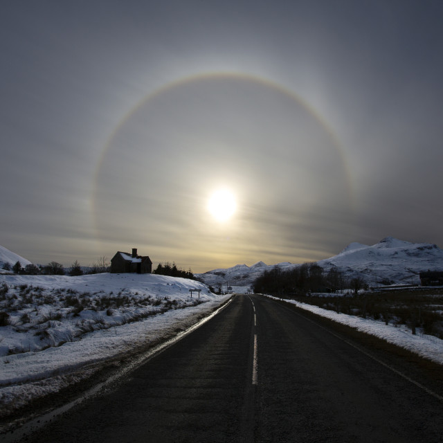 "From Another Dimension - Sun Halo in Elphin, Scottish Highlands" stock image