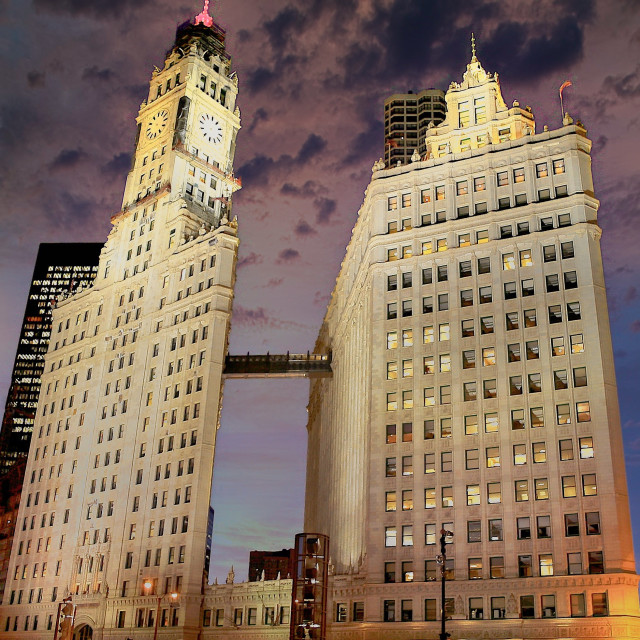 "Wrigley Building Chicago at dusk" stock image