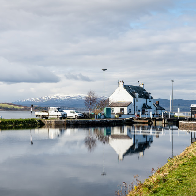 "The Eastern sea lock gate and Lock House of The Caledonian Canal, Inverness, Scotland" stock image
