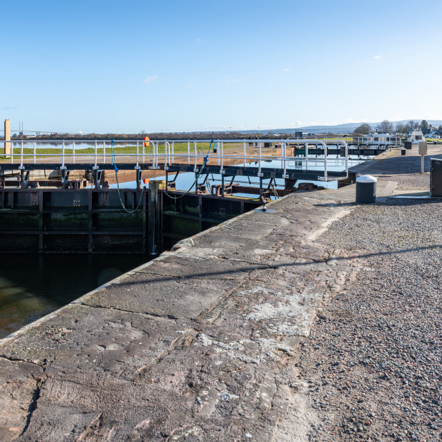 "The Eastern sea lock gate of the Caledonian Canal from the seaward side, Inverness, Scotland" stock image