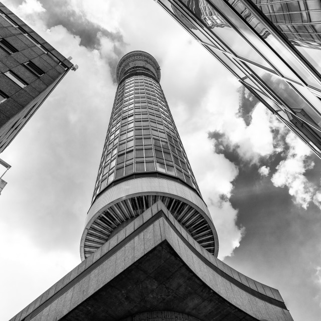 "Monochrome Post Office - BT Communications Tower from unusual angle, London, England" stock image