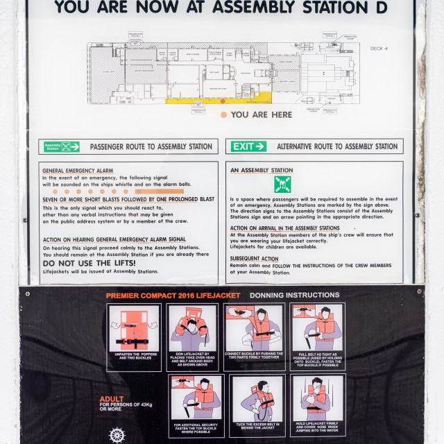 "P & O Ferry Muster Station D Safety Notice, Larne, United Kingdom" stock image