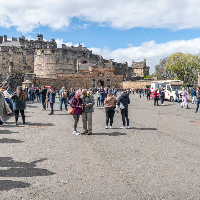 "Crowds on the Forecourt of Edinburgh Castle, Edinburgh, Scotland" stock image