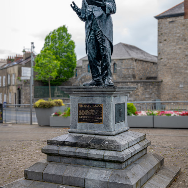 "Michael Hogan (poet) Statue in King John's Castle Plaza, Limerick, Ireland" stock image