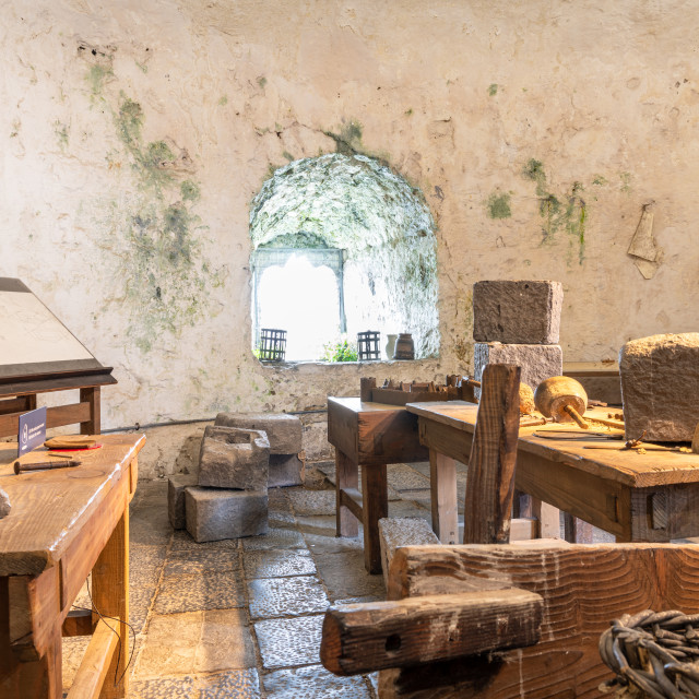 "Recreation of a stone mason's workshop inside King John's Castle, Limerick, Ireland" stock image