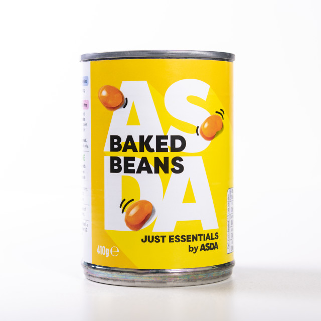 "Asda Essentials Price Baked Beans in the Yellow Label" stock image