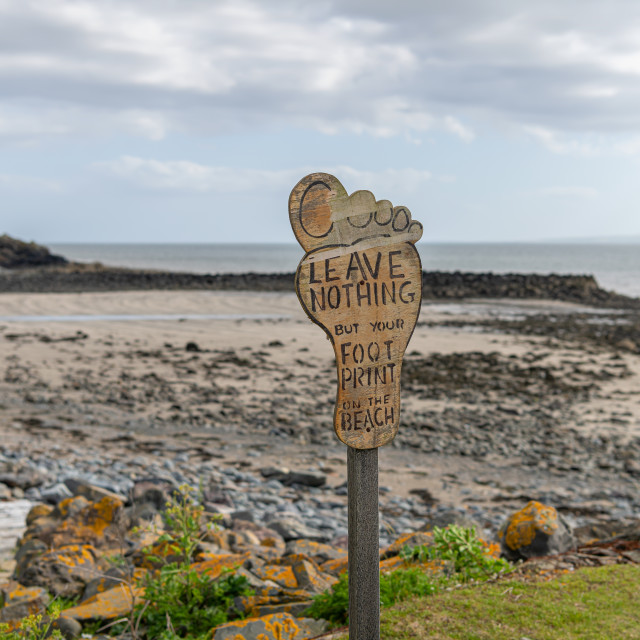 ""Leave Only Footprints" Sign at the entrance to Stairhaven beach in Dumfries and Galloway, Scotland" stock image