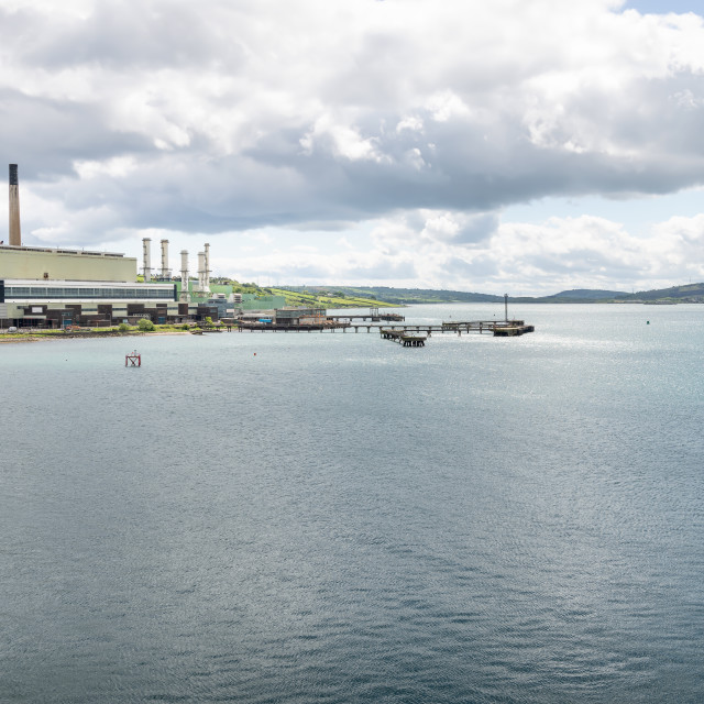 "Ballylumford Natural Gas Power Station at the entrance to Larne Harbour, County Antrim, Northern Ireland" stock image