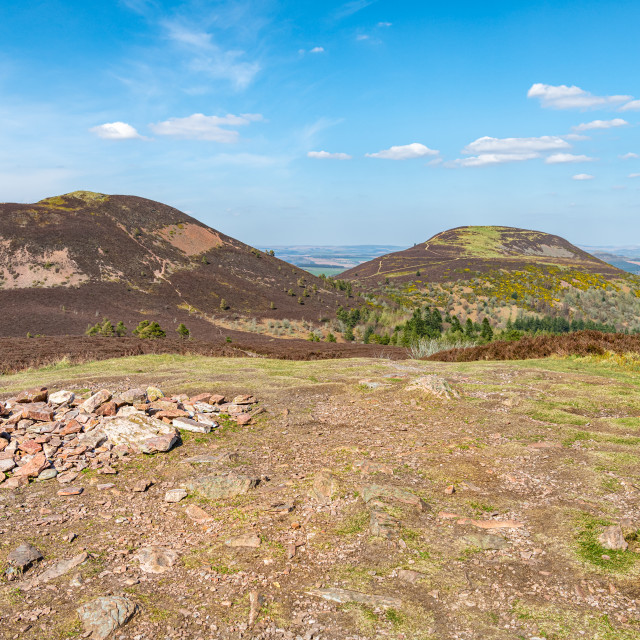 "View of Eildon Mid hill and Eildon North Hill from the top of Eildon Wester hill in the Scottish Borders, UK" stock image