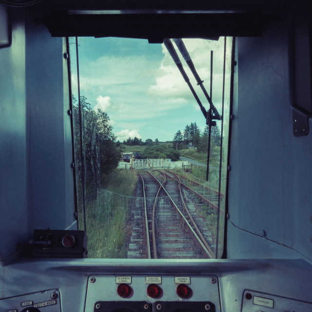 "View from the driver's cabin of a Class 142 Pacer locomotive at the Whitrop Heritage Centre, Scotland" stock image