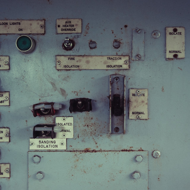 "Control panel from the driver's cabin of a Class 142 Pacer locomotive at the Whitrope Heritage Centre, Scotland" stock image