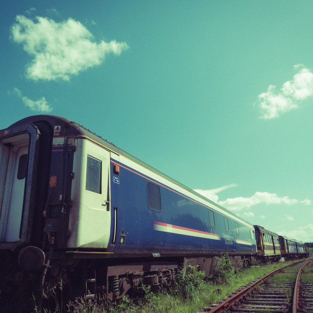 "An Mk3a SLEP ex Caledonian Sleeper carriage parked at the Whitrope Heritage Centre, Scotland" stock image